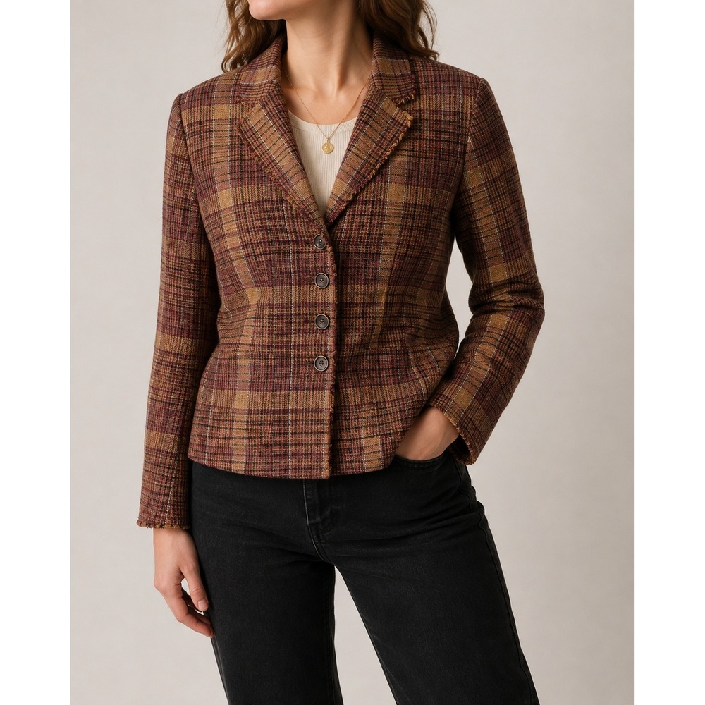 Coldwater Creek Plaid Wool Blend Tweed Blazer Fringe Trim Petite 8 Rust Gold P8